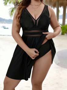 Swim Lushoire Conjunto de tankini de 2 piezas para mujer talla grande con estampado floral, cuello en V y control de abdomen para el verano - Negro - Ver 4