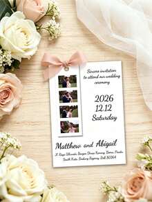 Tarjeta de invitación de boda personalizada, texto personalizado, foto, información de ubicación, marcador de libros con foto, encuadernación con anillo de metal, decoración con cinta, invitación de boda - Conjuntos - Ver 3