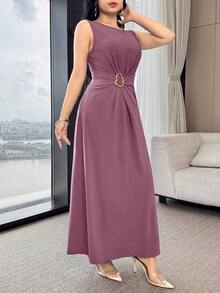 YHHFeyla Vestido elegante y versátil para fiesta/trabajo con cintura fruncida, decoración de botón metálico y cintura ceñidaYHH - Rosa - Ver 6
