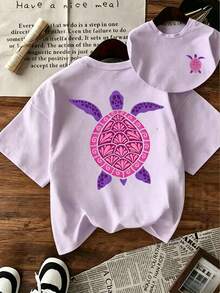 Camiseta holgada de manga corta informal para niñas, estampado de tortuga marina estilo bohemio morado, top oversize para vacaciones en la playa - Púrpura malva - Ver 8