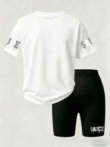 2pcs Plus Size Women's Casual Graphic & Letter Print Top & Shorts Set, Cute & Holiday Vibe White Elegant Summer - White - View 3