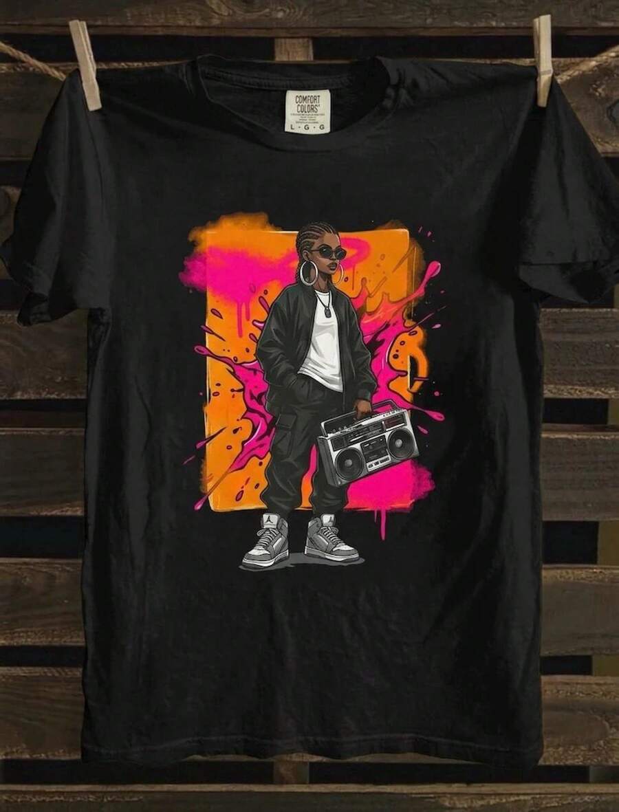 Camiseta de chica con estampado de boombox, camiseta gráfica retro de hip hop, camiseta de ropa urbana con grafiti