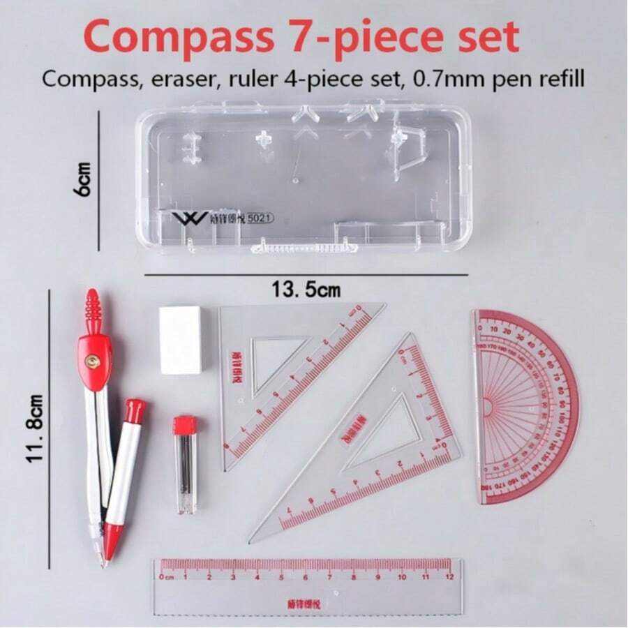 Set de 7 piezas de compás de geometría para volver a la escuela, compás de dibujo para estudiantes de primaria y secundaria, set de reglas (2 colores aleatorios)