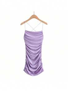 Vestido tirantes finos espalda super descubierta plisado elástico ajustado falda cadera estilo INS verano 2026 - Morado - Ver 12