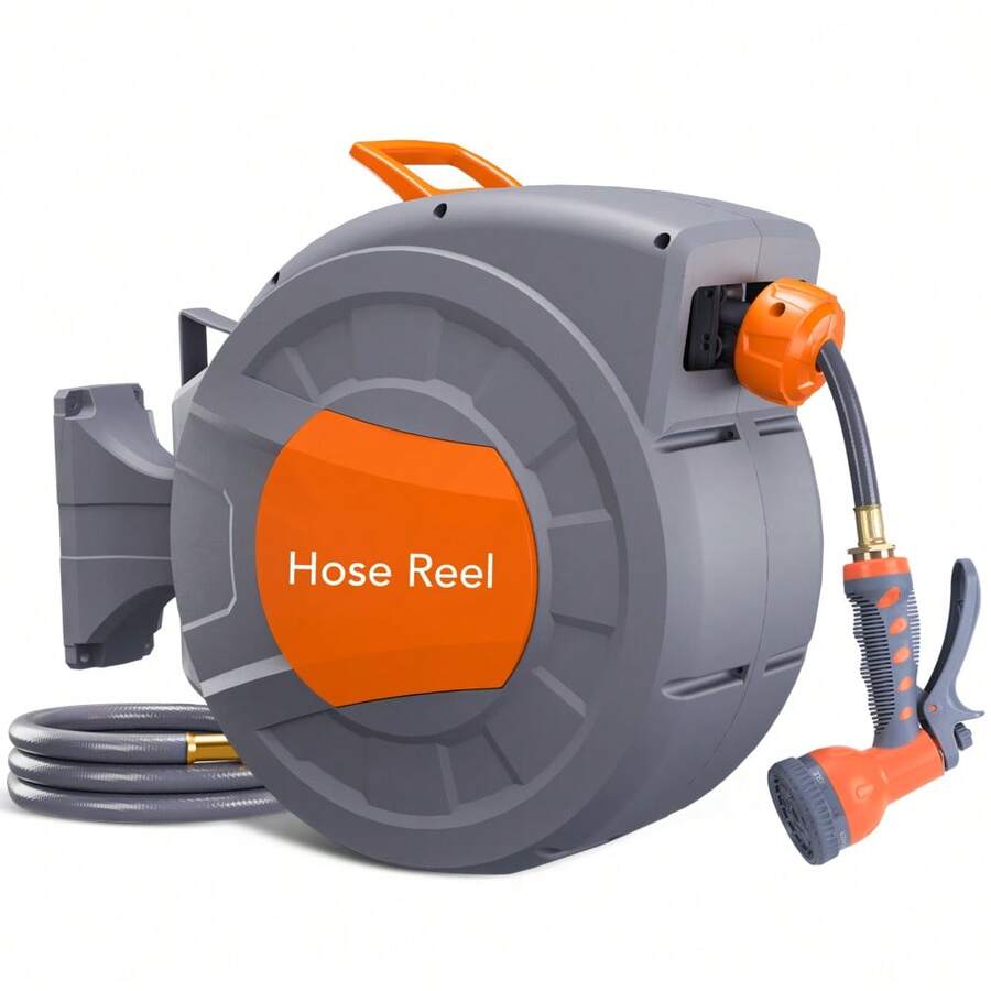 Soonbuy 1/2" X 100 Ft Retractable Garden Hose Reel, Wall Mounted With 9 Function Nozzle, Automatic Rewind, Slow Return System, Any Length Lock, 180° Swivel Bracket, 3-Layer PVC & Brass Fittings - C - 查看 1
