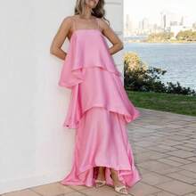 Women's Tiered Ruffle Strapless Maxi Dress, Satin Fabric For Formal Events & Galas - 粉紅色 - 查看 1