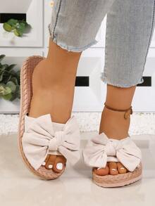 Polyester Bow Decor Slide Sandals, Suitable For Beach Vacation, Summer - Beige - View 1