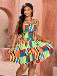 Vestido elegante de primavera/verano para mujer - Estilo bohemio, estampado con patrones, cuello cuadrado, sin mangas, cintura imperio, vestido mini de línea A. Perfecto para: invitados de boda, citas románticas, San Valentín, vacaciones en la isla, ceremonias de graduación, festivales de música, carnavales, Pascua y talla grande. Vestido de verano / Vestido mini. - Verde - Ver 1