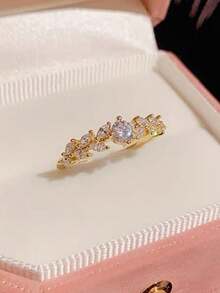 5pcs Fashion Cubic Zirconia Flower Open Copper Ring Set, Suitable For Women's Daily And Vacation Wear (Gift Box Not Included) - Yellow Gold - View 5