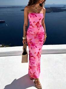 Vestido midi ajustado bandeau con estampado floral, estilo de vacaciones en la playa para mujer - Multicolor 4 - Ver 5