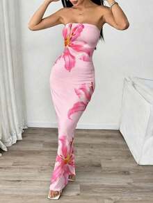 Vestido midi ajustado bandeau con estampado floral, estilo de vacaciones en la playa para mujer - Multicolor 7 - Ver 3