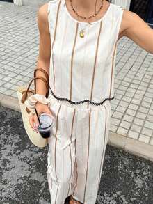 Frenchy Conjunto de 2 piezas de top sin mangas de cuello redondo a cuadros y pantalones para mujer - Albaricoque - Ver 4