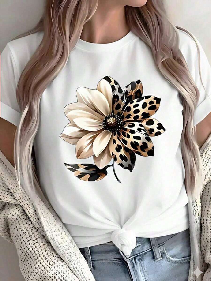 100% cotton Playera Negra Ajustada con Gráfico de Flor Estampado Leopardo/Animal Print, Camiseta Estética Floral con Diseño de Guepardo, Blusa Casual de Moda de Estilo Urbano - Blanco - Ver 1