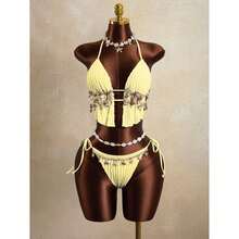 Conjunto de Bikini Sexy de Tres Piezas con Tirantes Delgados para Mujer, Ideal para Vacaciones - Blanco - Ver 7