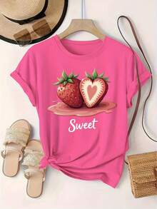 Talla Grande - Camiseta de Manga Corta con Cuello Redondo y Estampado de Fresas para Mujer, Estilo Casual para Moda Europea y Americana, Tipo Pullover - Rosa Fucsia - Ver 6