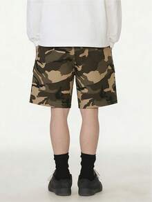 Men's Retro American Classic Camouflage Cargo Shorts, Summer Military Green Button Pockets Drawstring Waist Loose Straight 5-Inch Pants, Streetwear - Khaki - View 2