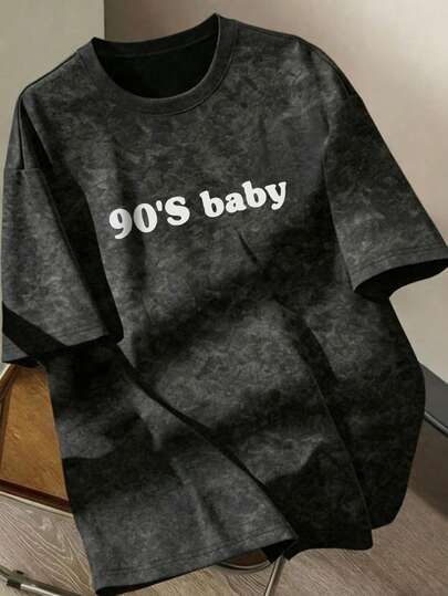 Summer New Fashion English Slogan Print Casual Round Neck Tie-Dye Short Sleeve T-Shirt, Versatile Plum Blossom & Pine Tree Pattern Design Suitable For Women Black