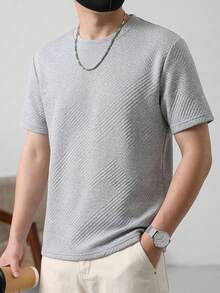 男士复古美式黑色纹理短袖T恤，夏季3D菱形提花圆领宽松垂坠街头休闲上衣 - 灰色 - 查看 1