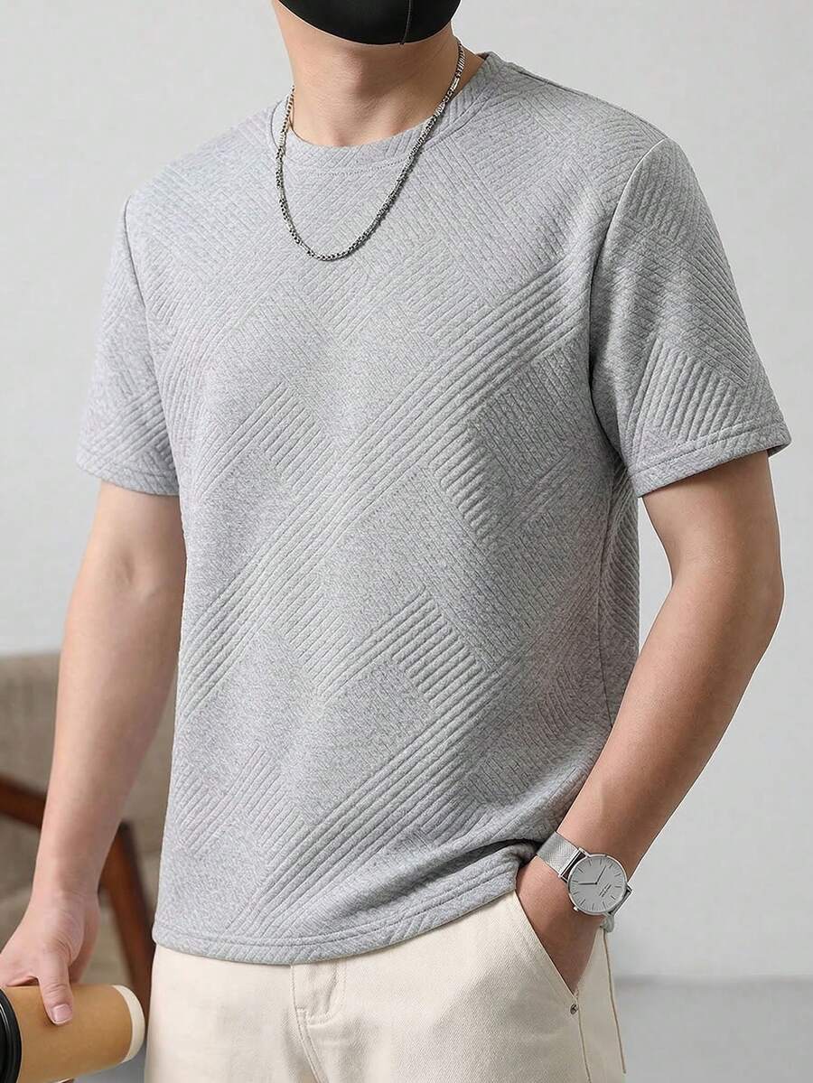 男士复古美式黑色纹理短袖T恤,夏季3D菱形提花圆领宽松垂坠街头休闲上衣 - 灰色 - 查看 1