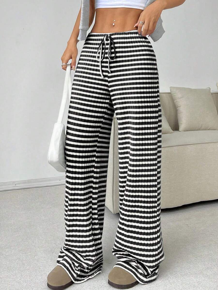 Women Pants - Black and White Stripes - View 1