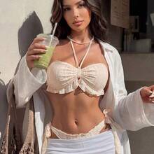 Swim  Conjunto de bikini lindo sexy con cuello halter y ribete con volantes de tela jacquard de color sólido, traje de baño de 2 piezas para mujer - Beis - Ver 8