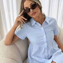 Women's Solid Color Single-Breasted Casual Party Outing Mini Dress,Summer Dresses For Women - Azul - Ver 6