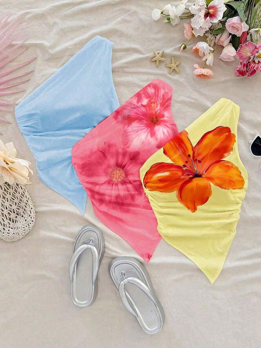 4 piezas Conjunto de blusas sin mangas de unicolor y hombros asimétricos versátiles para mujer, adecuadas para vacaciones - Multicolor 2 - Ver 1