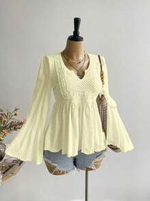 Blusa casual de mujer con mangas acampanadas en color amarillo, estilo bohemio adecuada para Pascua, playa, Hawái, festival de música Coachella, vacaciones tropicales - Amarillo claro - Ver 2