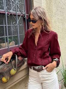 Camisa casual de mujer de manga larga con un solo botonadura, bordada y calada, para vacaciones - Burdeos - Ver 7