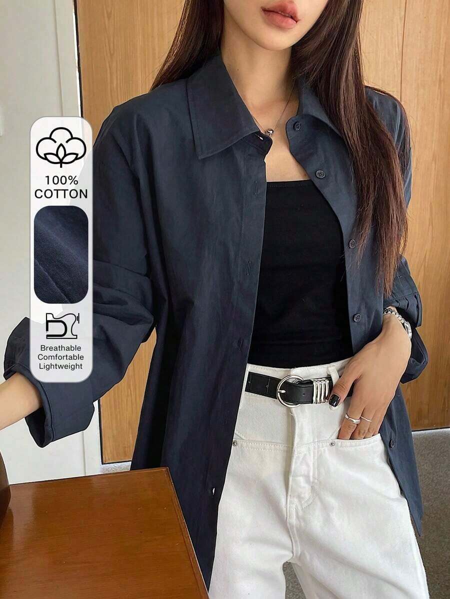 Camisa casual/escolar holgada a rayas para mujer, top de manga larga de estilo preppy para mujer, ropa de otoño - Azul marino 2 - Ver 1