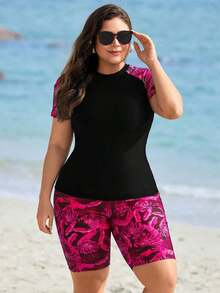 Swim Lushoire Tankinis de traje de baño de talla grande para mujer con estampado tropical de plantas para vacaciones de verano en la playa - Rosa Fucsia - Ver 6