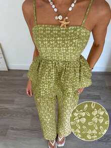 Conjunto de 2 piezas de top de tirantes y pantalones de estilo jacquard elegante para mujer, para verano - Verde lima - Ver 1