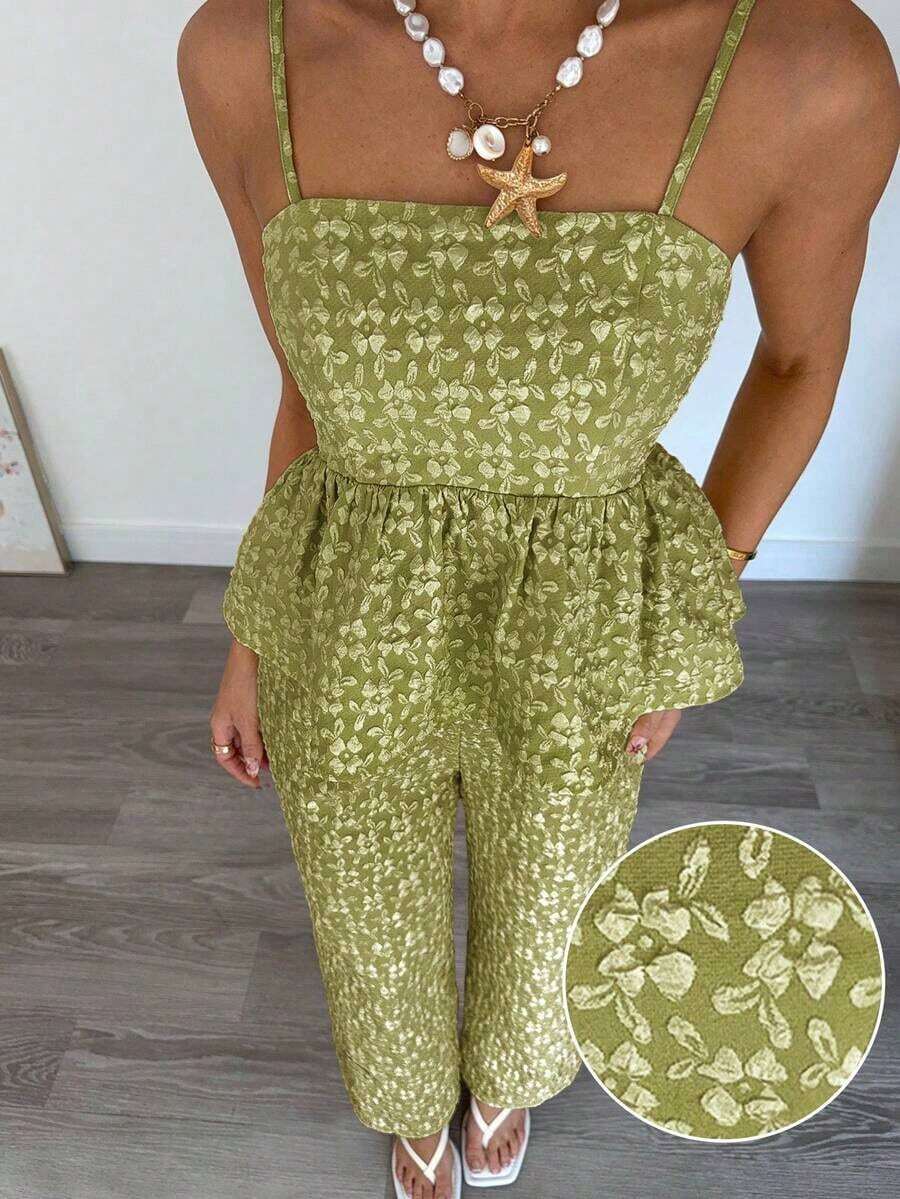 Conjunto de 2 piezas de top de tirantes y pantalones de estilo jacquard elegante para mujer, para verano - Verde lima - Ver 1