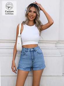 Shorts rectos de mezclilla azul con dobladillo enrollado, inspirados en festivales de música, de estilo casual y sexy para vacaciones, para mujeres jóvenes y estudiantes, color blanco, primavera/verano - azul medio - Ver 5