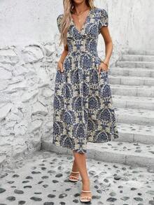 Clasi Women's Elegant Summer Dress With V-Neck, Floral Print, Double Waist Pockets, Flared Silhouette, Suitable For Various Occasions: Beach, Travel, Daily Wear, Home, Etc. - 鵝黃色 - 查看 4