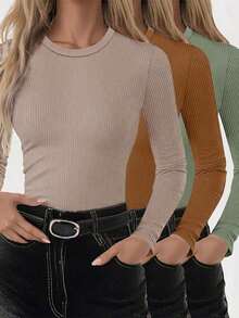 Set de 3 camisetas casuales de manga larga con cuello redondo y costillas de unicolor para mujer - Multicolor 2 - Ver 6