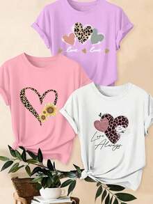 Set de 3 camisetas informales con estampados de leopardo, corazón y eslogan - Multicolor 5 - Ver 5