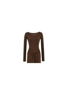French Style Autumn Maxi Dress 2026, Square Neckline With Front Knot, Long Sleeves, Fitted Waist, Flattering Hip Cut, Chic Style. - 咖啡 - 查看 2