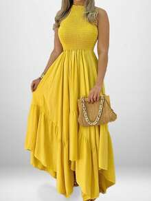 Vestido largo unicolor primavera falda amplia elegante estilo europeo de moda para mujer - Amarillo - Ver 4