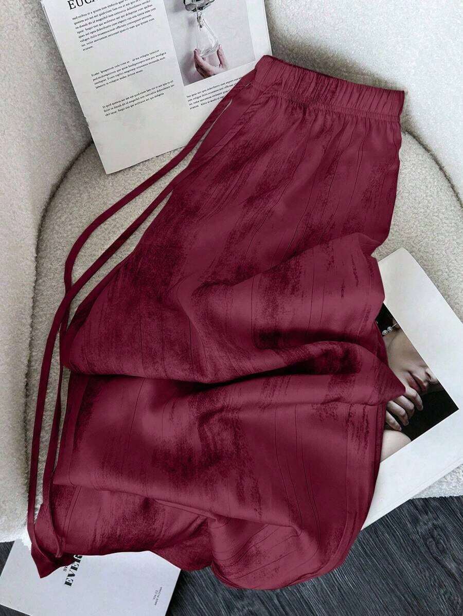 LUNE Loose Ink Paint Print Satin Loose Fit Trousers - Bordeaux - View 1