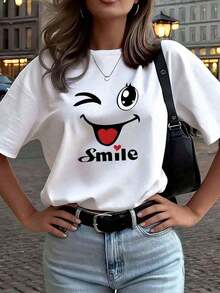Women's White Short-Sleeved T-Shirt With Round Neck And Cartoon Print, Graphic Tee, Suitable For Summer, Autumn And Winter Outfits. - 白色的 - 查看 2