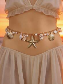 Cadena de cintura con estilo de playa de verano con conchas marinas y estrellas de mar, joyería corporal dorada ajustable para bikini y vestido - Dorado - Ver 2