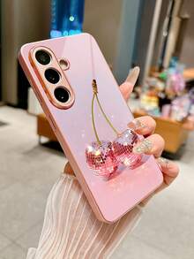少女闪亮樱桃图案粉色玻璃手机壳，兼容三星Galaxy S26 Ultra/S26 Edge/S25 Ultra/S24 Ultra/S22 Ultra/S23 Ultra/S21 Ultra/S20 Ultra/S10/S9/S8 Plus/Note20 Ultra，适合作为周年纪念日、节日礼物送给朋友、家人、爱人，防刮花，高清玻璃材质，时尚优雅的保护壳 - 粉色 - 查看 4