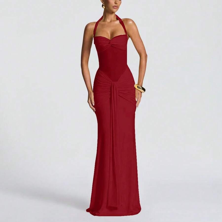 Women's Long Halter Neck Dress With Bows, Elegant Chiffon Dress With Ribbons, European And American Style, New Design, Summer Fashion, Party, Evening - 紅色 - 查看 1