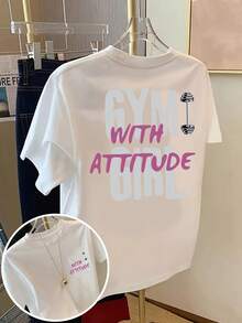 Short-Sleeved T-Shirt With Front And Back Print -  "Fitness Girl, Attitude Girl" Print - Women's  Print T-Shirt For Spring/Summer, A Fashionable Item. Elegant Party Outfit, Stylish Ladies' T-Shirt, Blouses Suitable For Curvy Women, Prom Skirts, Casual Wear - 白色 - 查看 1
