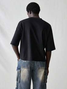 SWAVVY Men's Knit T-Shirt, Casual Style, Loose Fit, Short Sleeve, With English Letter Print, For Summer. - 黑色 - 查看 2