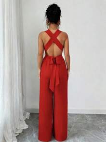 Mono de pierna ancha con cuello en V y cintura anudada, azul, mono para mujer, conjunto casual de verano para damas - Amarillo - Ver 8