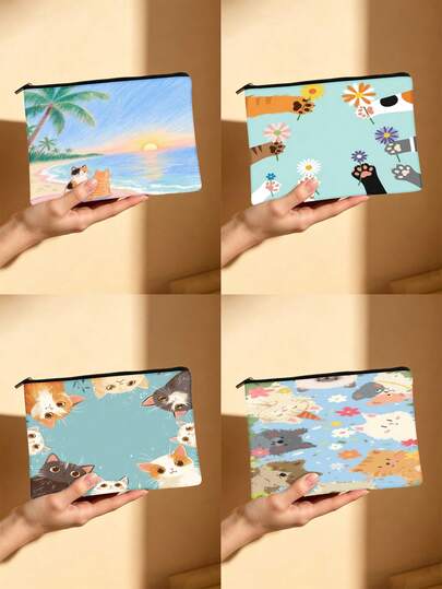 Colorful Vacation Pet Print Cosmetic Bag, Beach & Sunflower Dog & Cat Toiletry Pouch, 2D Flat Makeup Organizer, Travel Essentials