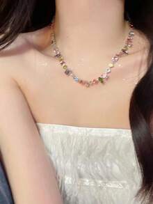 1pc Sweet Colorful Beaded Candy-Colored Faux Crystal Necklace, Contrast Rainbow Choker Necklace - Multicolor - View 2