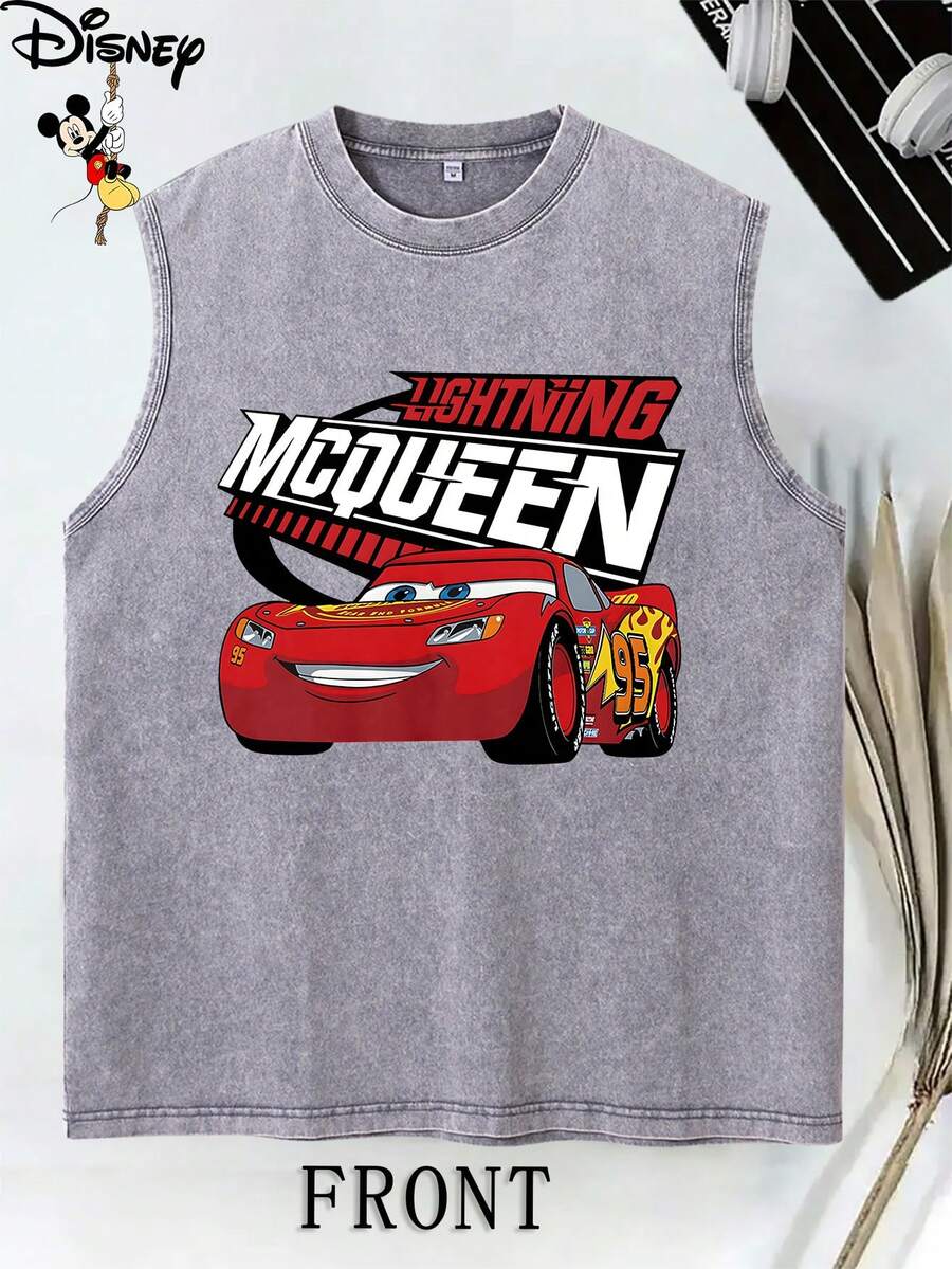 Disney Racing Story Lightning McQueen No.95 Racing Car Washed Sleeveless Printed Round Neck Casual Vest, Loose Summer Vest For Men And Women, Disney Band T-Shirt, Men's Cotton T-Shirt, Men's Vest, Men's Holiday Clothes, Father's Day Gifts, Summer, Women's Holiday Clothes, Band T-Shirt, Disney Women's T-Shirt. - Grey - View 1